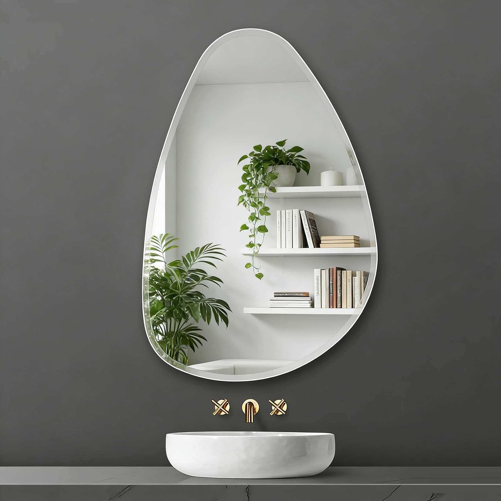 SXFSDOU Asymmetrical Frameless Bathroom Vanity Mirror, Irregular Teardrop Shaped Design, Beveled Edge for Stylish Bedroom and Living Room Decoration