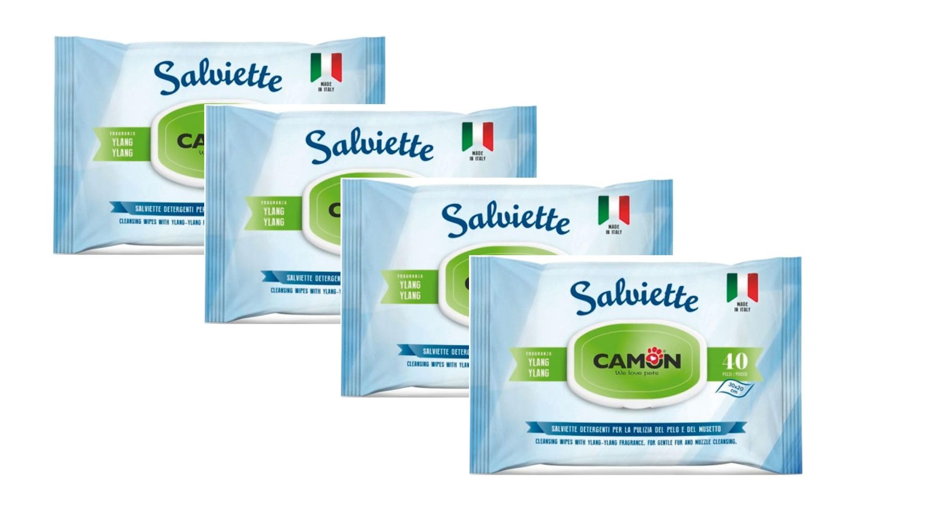 Camon - Salviette detergenti per cani e gatti, 40 salviettine (confezione da 4) (Ylang-Ylang)