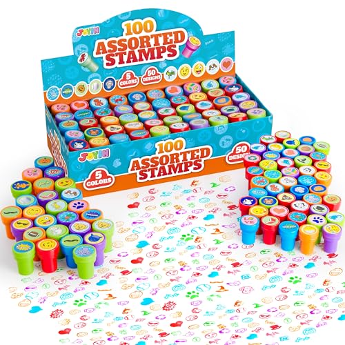 Image of JOYIN 100PCS Assorted Stamps for Kids Self-Ink for Party Favor, Teacher Stamps, Kids Treasure Box, Prize for Classroom, Birthday School Stuffers (50 Designs, Dinosaur, Halloween Stampers)