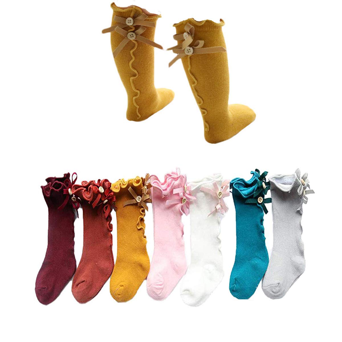 7 Pairs Baby Girls Princess Bowknot Stockings Knee High Socks Infant Toddle Over Calf Knee High Socks