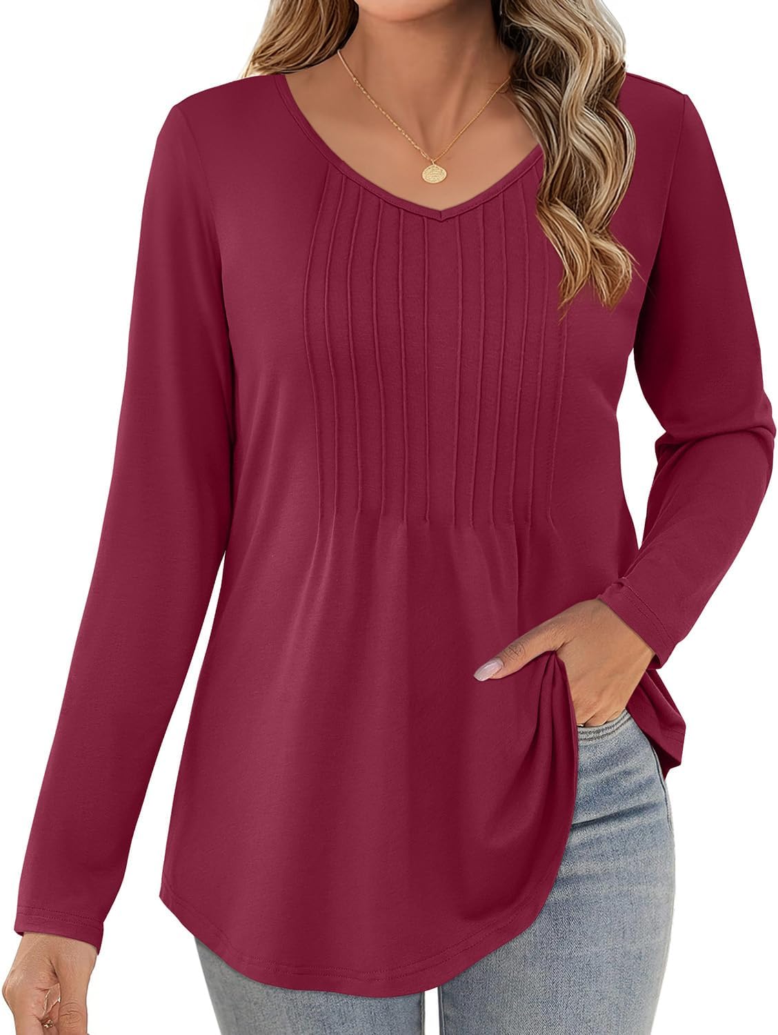 JUSTFASHIONNOW Long Sleeve Shirts for Women Dressy Casual Blouses Fall Tops Pleated V Neck Tunic Tops to Wear with Leggings - Image 3