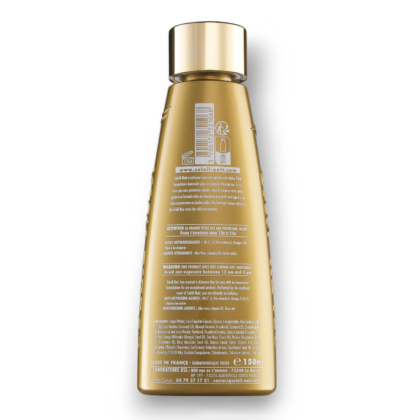 Soleil Noir - Lait Corps Vitaminé Sans Filtre Ultra Bronzant - Peaux Très Mates et Bronzées - Actifs Anti-Âge et Vitamines - Fabrication Française - Flacon avec Capsule Service, 150 ml