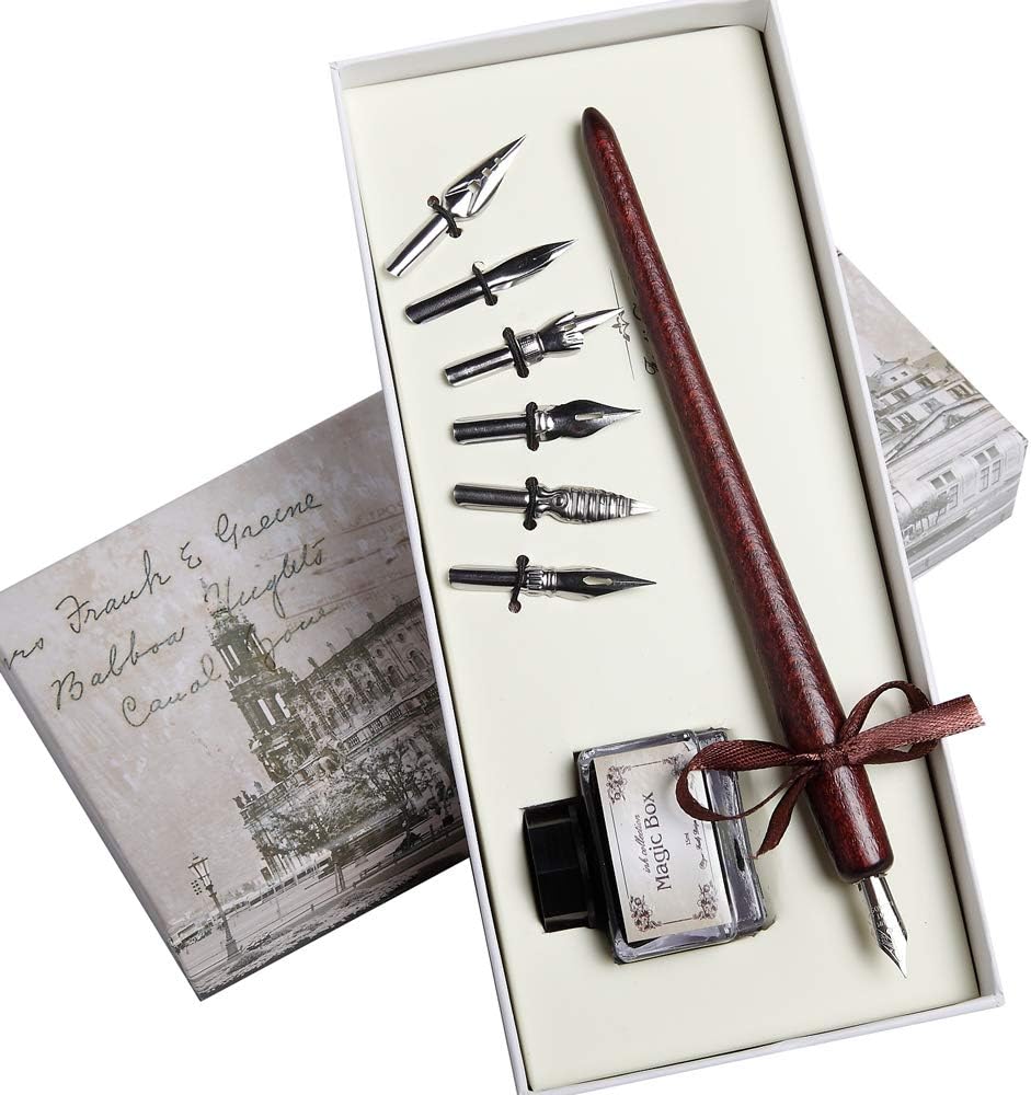 Stanpetix Wooden Dip Pen Handcrafted Calligraphy Pen Set Gift Writing Case with Ink and 6 Nibs