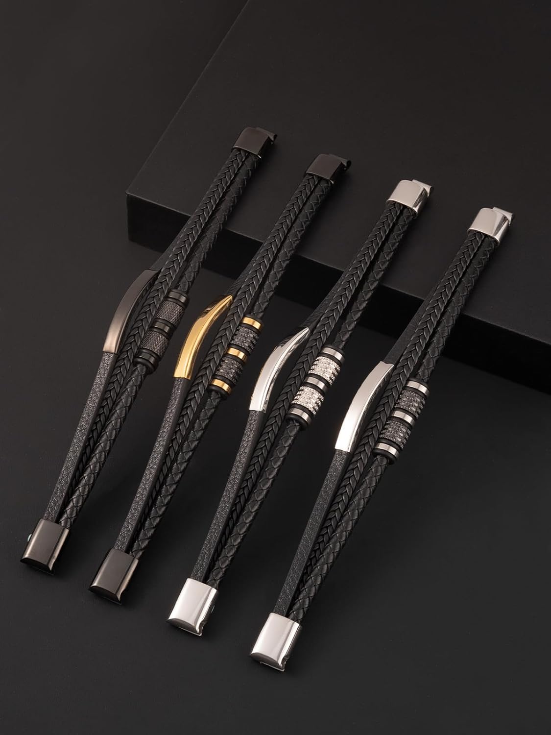 Men’s Leather Bracelet with 316L Stainless Steel Buckle – Braided Multi‑Layer Wristband Cuff Gift for Men Black/Gold Plated/White Gold Plated Size 8.3″/9″ - Image 5