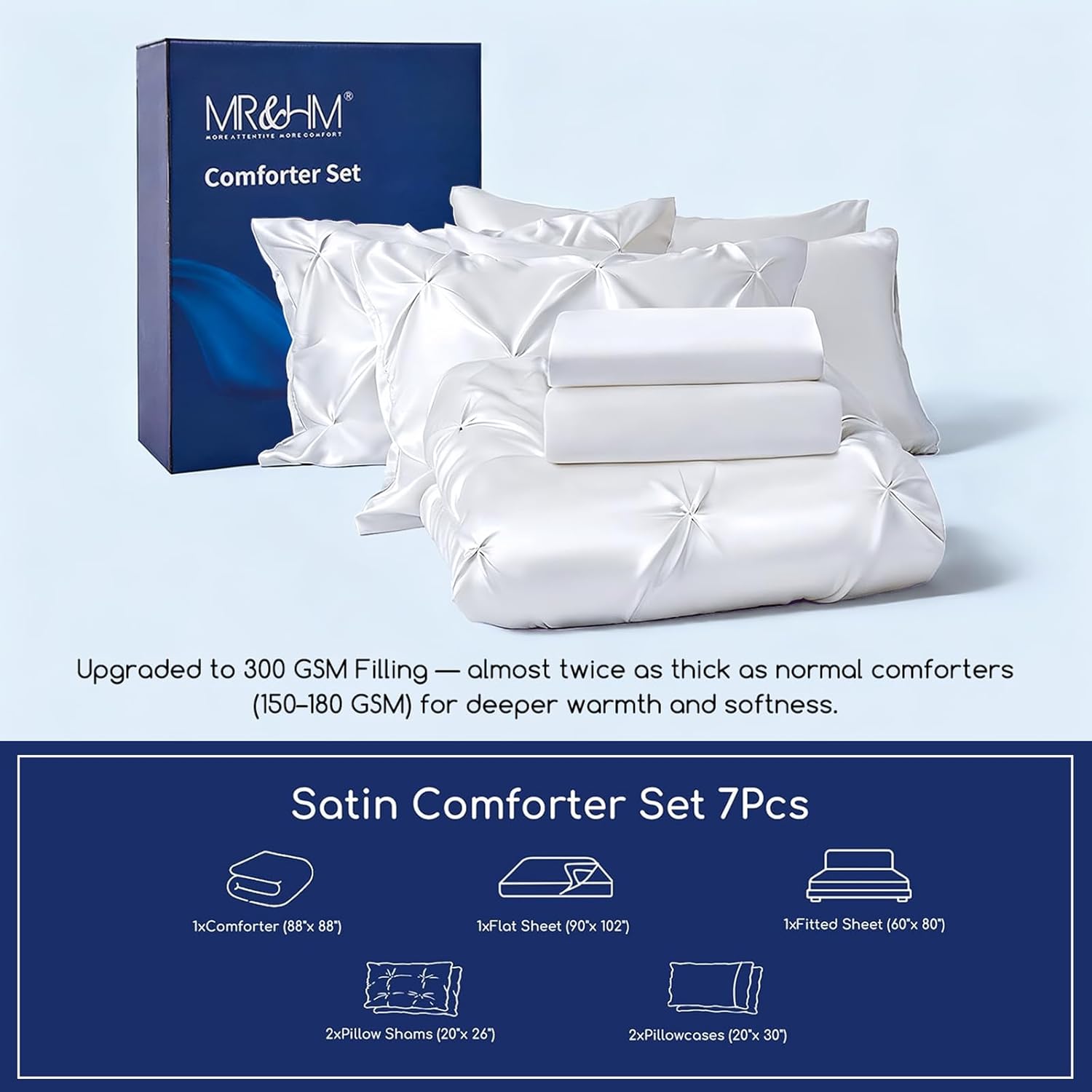 MR&HM Satin Comforter Queen 7 Pieces - Luxurious Pinch Pleat Bedding Set with Comforter, Flat Sheet, Fitted Sheet, Pillowcases & Shams, Super Silky Soft Bed Set for All Season (Queen, White) White Queen