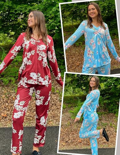 Image of Ekouaer Womens 2 Pack Pajama Set Long Sleeve Pajamas Top and Pants V Neck Pjs Set Soft Sleepwear Loungewear