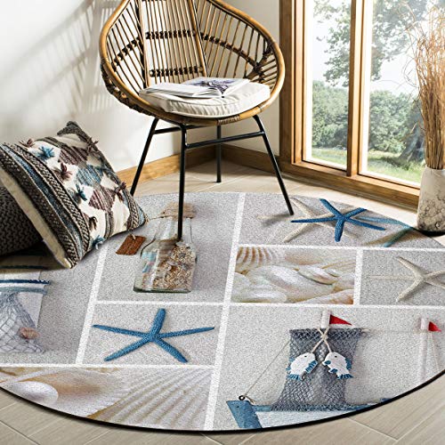 OneHoney Round Area Rugs 6 ft Tropical Coastal Beach Theme Indoor Throw Runner Circle Rug Entryway Doormat Floor Carpet Pad Yoga Mat for Bedroom Living Room Seashell Starfish - Image 2