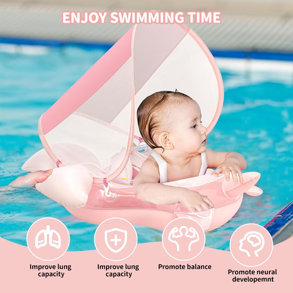 Baby Schwimmring mit Sonnendach Entfernbar, Schwimmring Baby mit Verstellbarer Sicherheitssitz, Kippsicherheit, Schwimmhilfe Baby mit Luftpumpe für 12-36 Monate, Rosa Einhorn