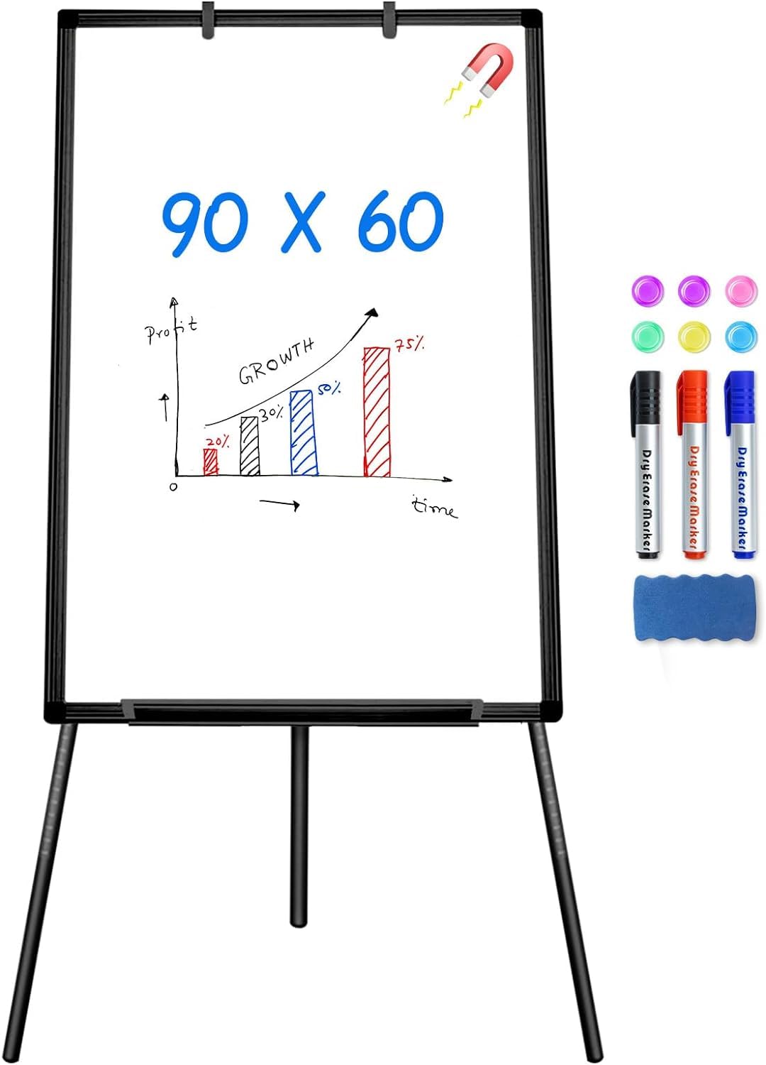 FEFE - Magnetic Wall Whiteboard with Dry Erase and Marker Tray - Silver Aluminium Frame Height Adjustable Stand Tripod - Dry Board Office Presentation with Wheels (Whiteboard Tripod-RS%-, 90x60 cms)