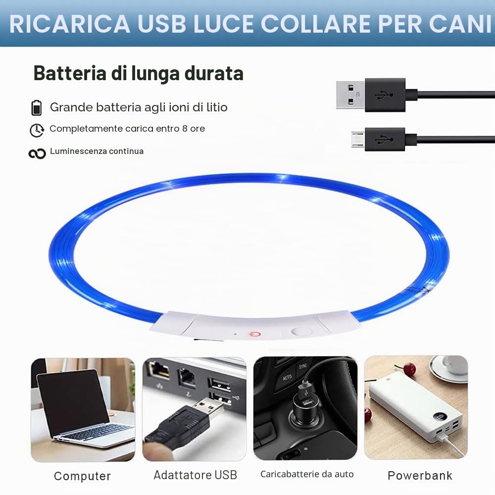 Voarge Collare luminoso per cane - Ricaricabile - Con 3 modalità di illuminazione - LED regolabile in lunghezza - Per cani di taglia media e grande - Blu