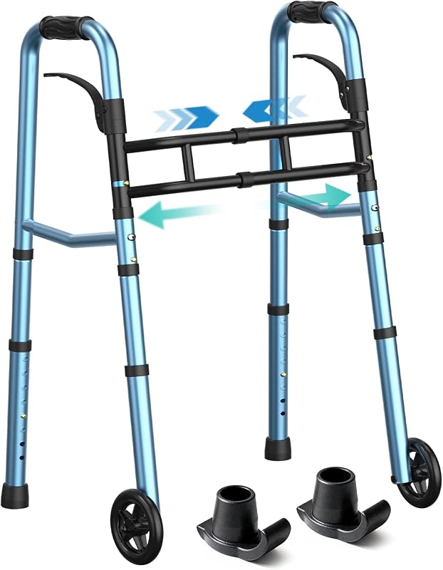 HOMENURSE Narrow Walkers for Seniors, Folding Walker for Small Space 350lbs | Walker with Skis and 5" Wheels, Adjustable Width & Height, Aluminum Lightweight Standard Rolling Walker, Blue