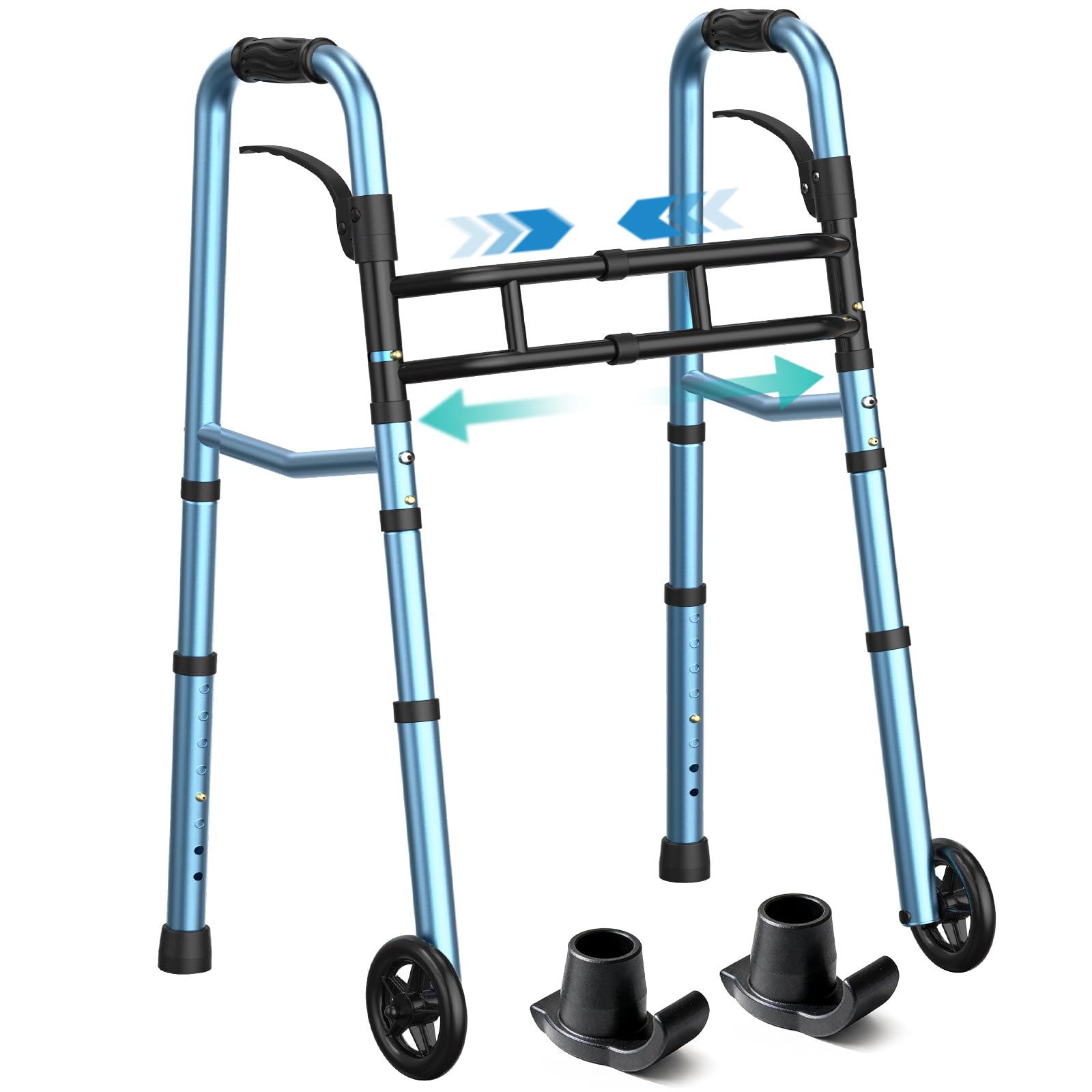 Photo 1 of HOMENURSE Narrow Walkers for Seniors, Folding Walker with Skis and 5" Wheels for Small Spaces, Adjustable Width & Height, Aluminum Lightweight Standard Rolling Walker, Support Up to 350lbs, Blue