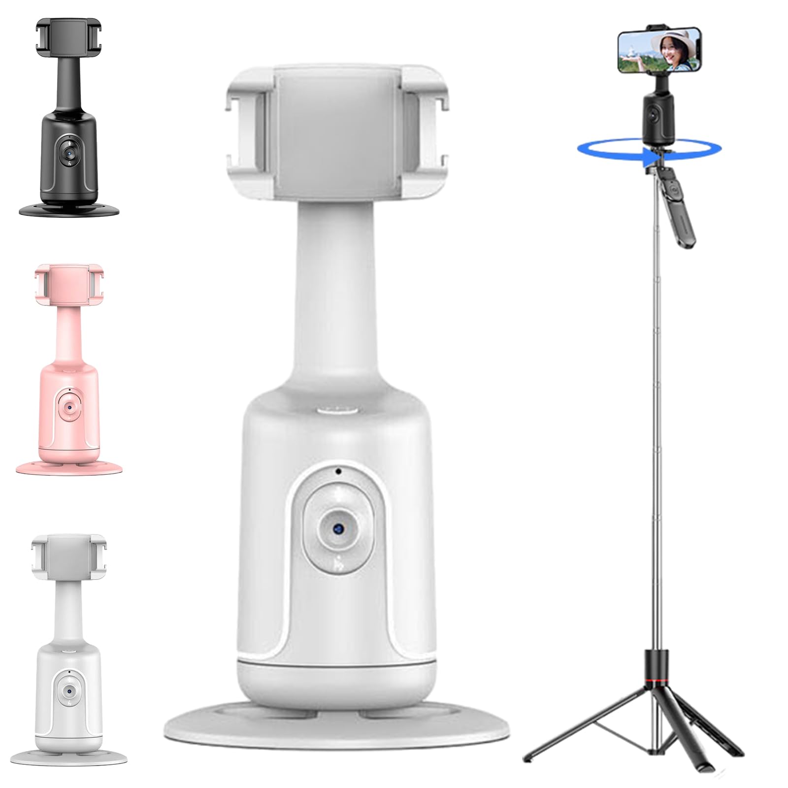 Smart Ai Facial Recognition Phone Tripod, 360° Auto Face Tracking Supports Gesture Control &amp; Remote Control No App for Outdoor Live Streams,Video Shoots,Dynamic Shots (White + Stainless Steel Tripod)