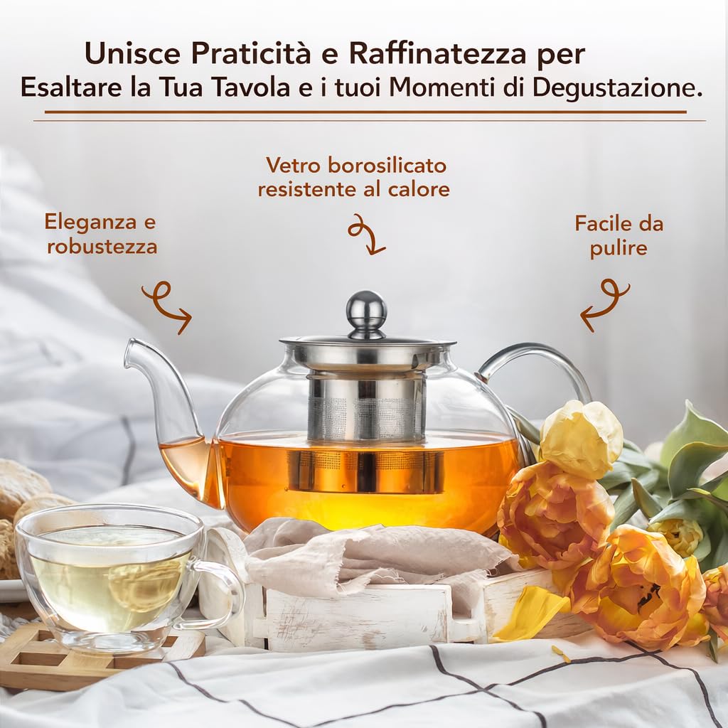 Teiera in vetro borosilicato - Bollitore per tè - Teiere con infusore rimovibile - 800ml