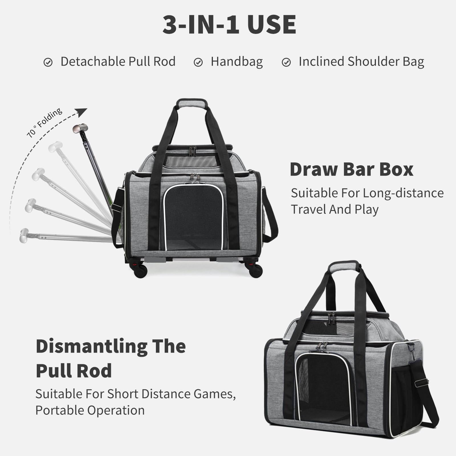 PETCUTE Transportín Perro Gato Mascotas,Transportín Transpirable para Mascotas con Ruedas,Plegable Bolsa Transporte de Viaje para Gatos con Asa Telescópica,Alfombrilla Extraíble,Carga de 8.5kg