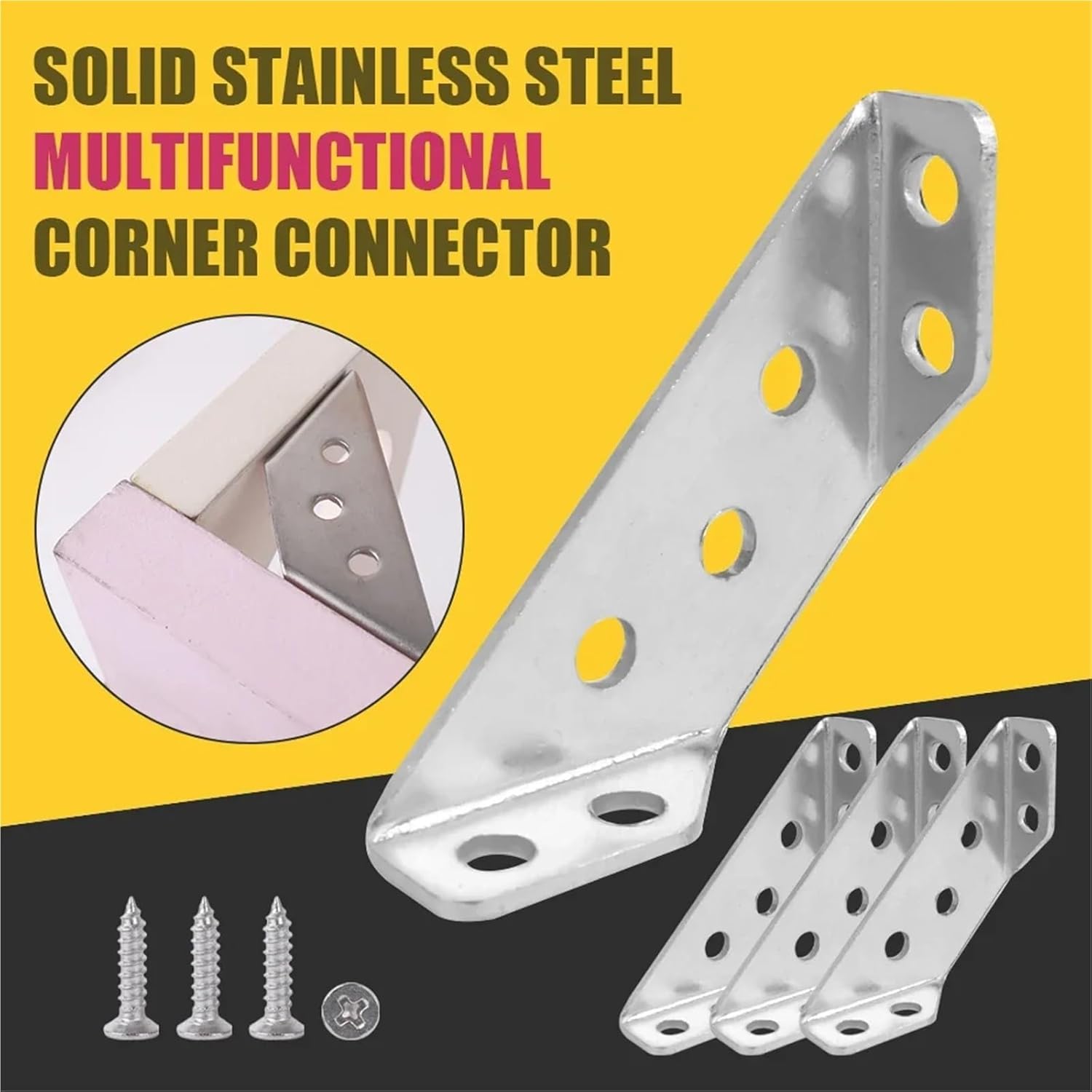 10/1set Corner Brackets Stainless Steel Furniture Angle Shelf Connector Cabinet Support Fixing Frame Corner Brace with Screw(10 Sets)