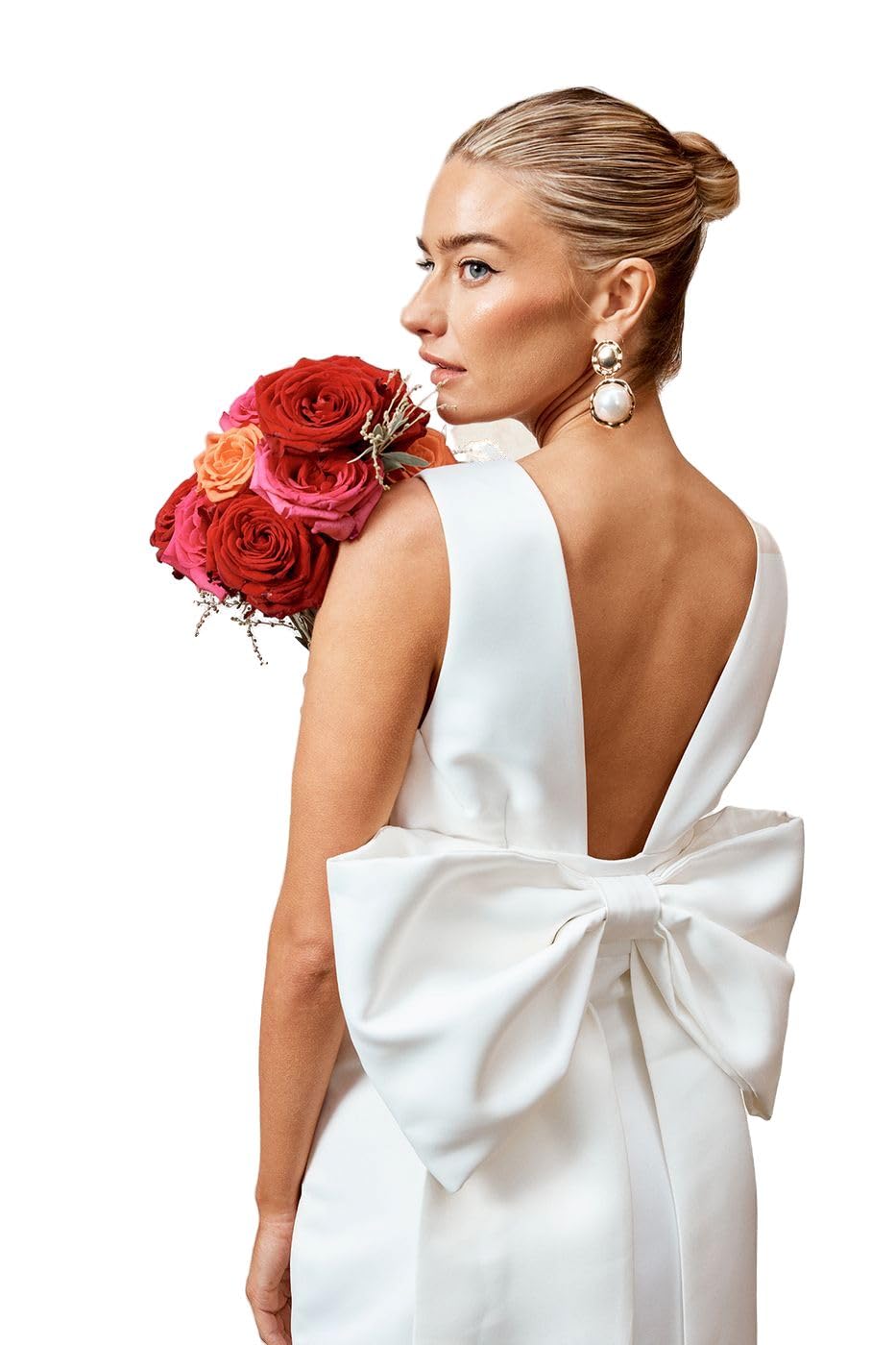 Coast Women's Satin Evening Party Honoured Plunge Neck Structured Satin Bow Back Sophisticated Wedding Dress Gown, Plunge Neck, All Season, Bridal Ivory