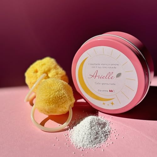 ARIELLE Esponja menstrual: alternativa a los tampones y copas: absorbente interior natural, lavable y reutilizable con recipiente, 2 esponjas y percarbonato para higienización (M)