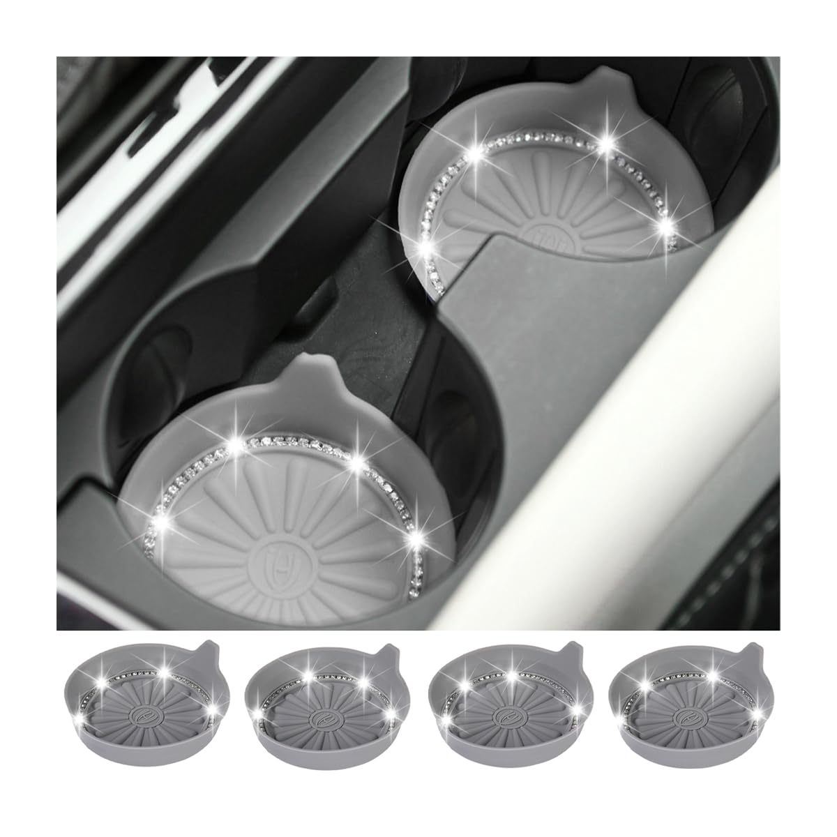BESULENBling Car Cup Holder Coaster with Non-Slip Base, 4 Pack Universal Insert Coasters with Crystal Rhinestone, Silicone Non-Slip Shockproof Drink Cup Mat, Car Interior Accessories (Gray)