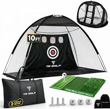 Practice Net with Mat & Chipping Target   3x2.1m Golf Driving Nets for Garden & Indoor Use   Complete Set with Tri-Turf Mat, 5 Balls, 3 Tees & Carry Bag for Golf Practice, chipping game