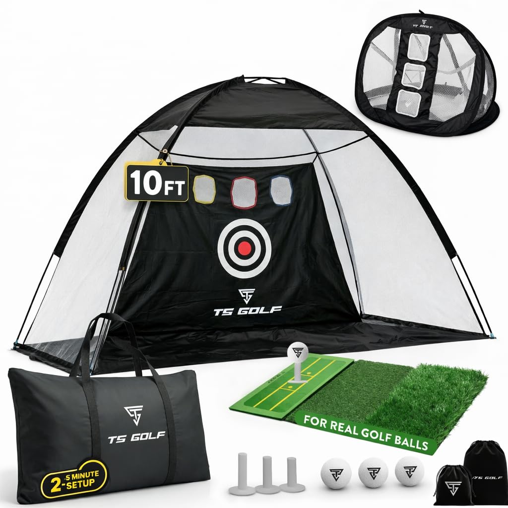 Rete da pratica, 3 x 2,1 m, campo di guida interno/esterno con tappetino Tri-Turf, bersaglio per scheggiature, 5 palline, 3 Tee, borsa per il trasporto