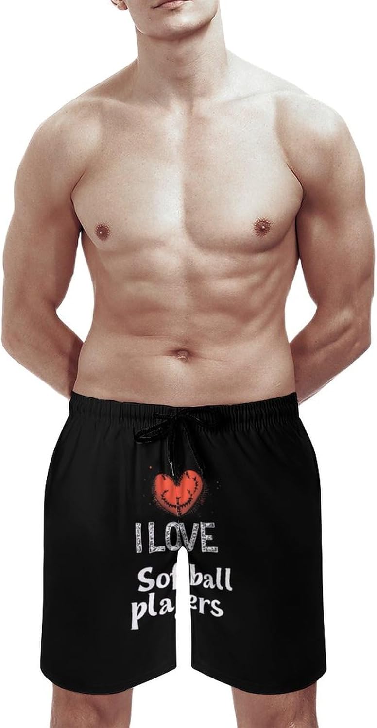 I Love Softball Player Casual Men's Swim Trunks Novelty Summer Beach Shorts Swimwear with Pocket