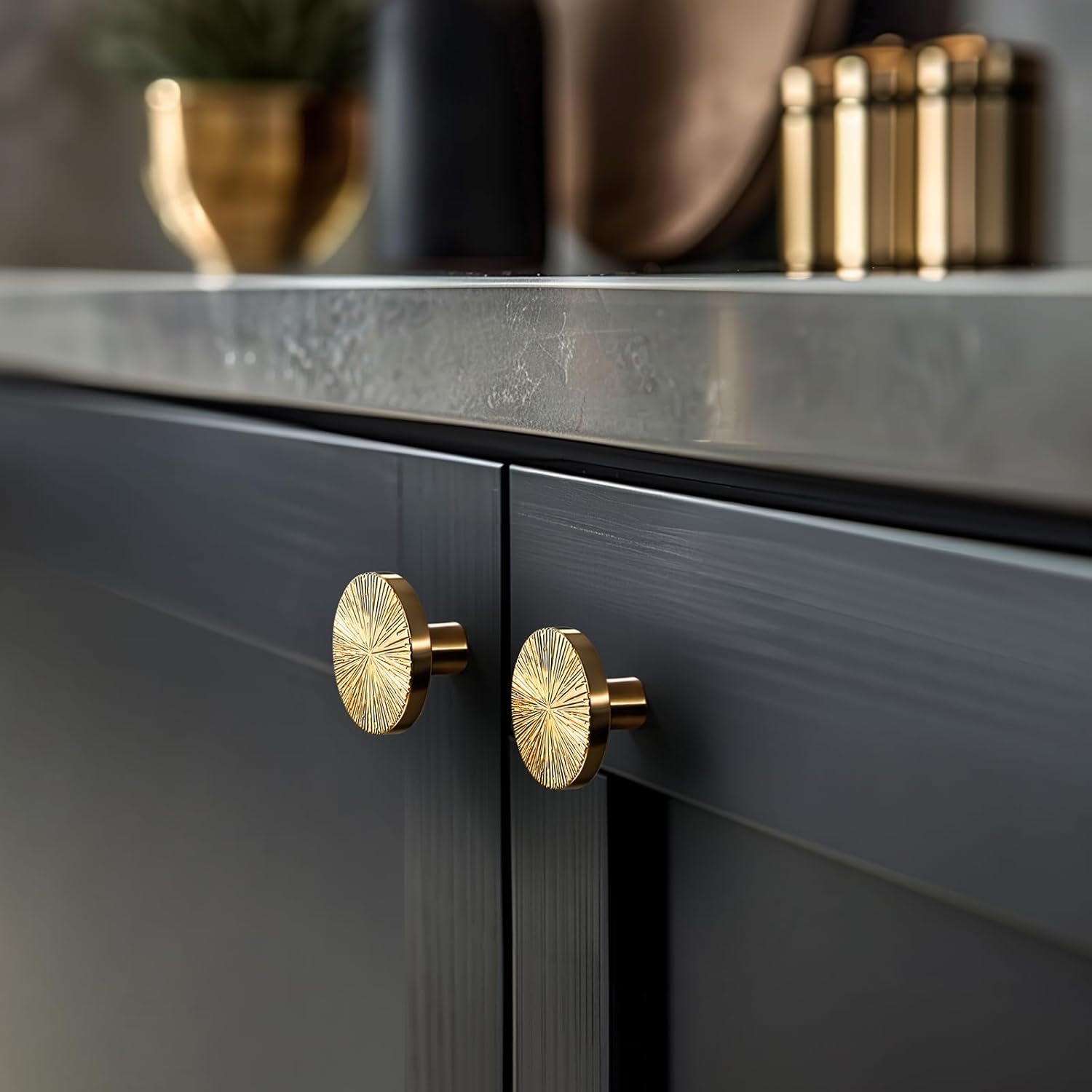 Polished Brass Cabinet Knobs,Round Gold Sun Dresser Handles Hardware for Kitchen Bathroom Closet Drawer Cupboard (2)