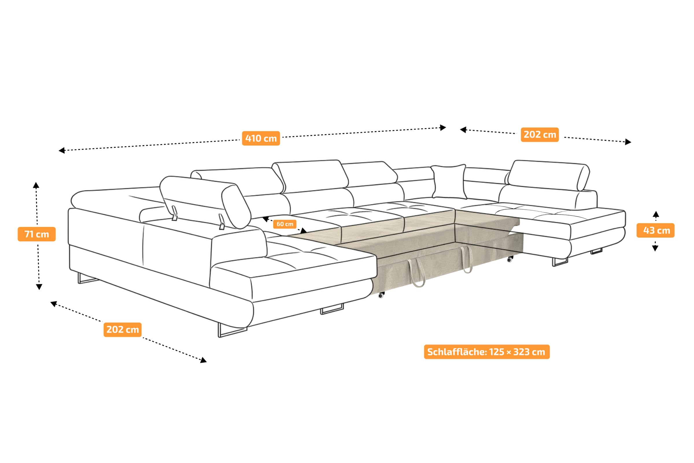 Ecksofa mit Schlaffunktion Big PASTI U-Form, Sofa Couch mit Bettkasten, 3-Sitzer Eckcouch, Schlafsofa für Wohnzimmer, Big Sofa Couch mit Schlaffunktion (Dunkelgrau)