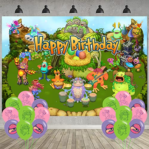Singing Monster Birthday Party Decoration Monster Party Photo Background 5 x 3 FT and 18 Pcs Balloon Merch Party Backdrop Supplies