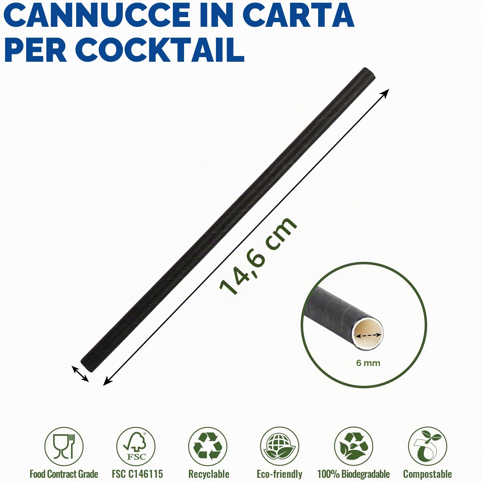 Confezione da 500 cannucce e bastoncini per cocktail ecologici in carta nera – 14,6 x 0,6 cm, per casa, bar e ristoranti