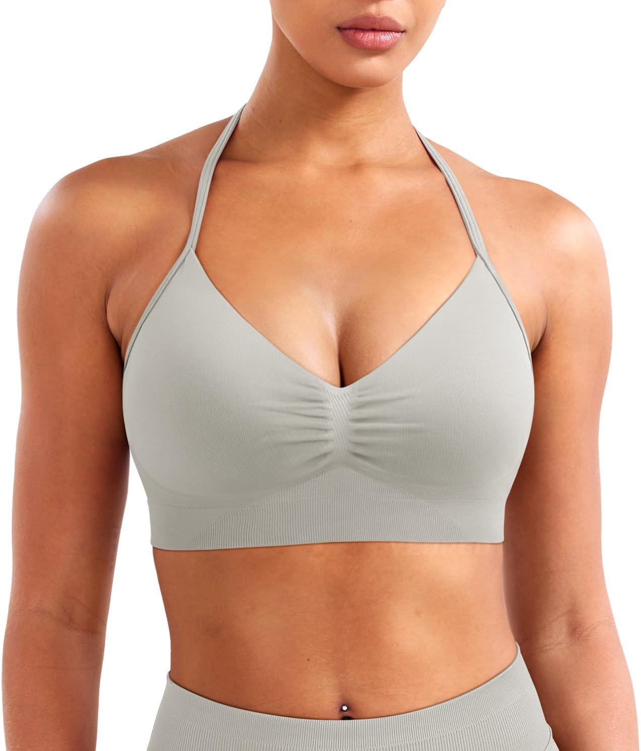 YEOREO SoftHue Women Halter Sports Bra Impact Longline Strappy Bra V Neck Padded Open Back Workout Gym Crop Top