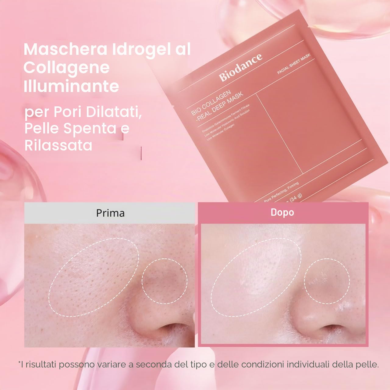 BIODANCE Bio-Collagen Real Deep Mask, Maschera Notturna in Idrogel Idratante, Riduzione dei Pori, Miglioramento dell’Elasticità, 34 g x 16 pezzi