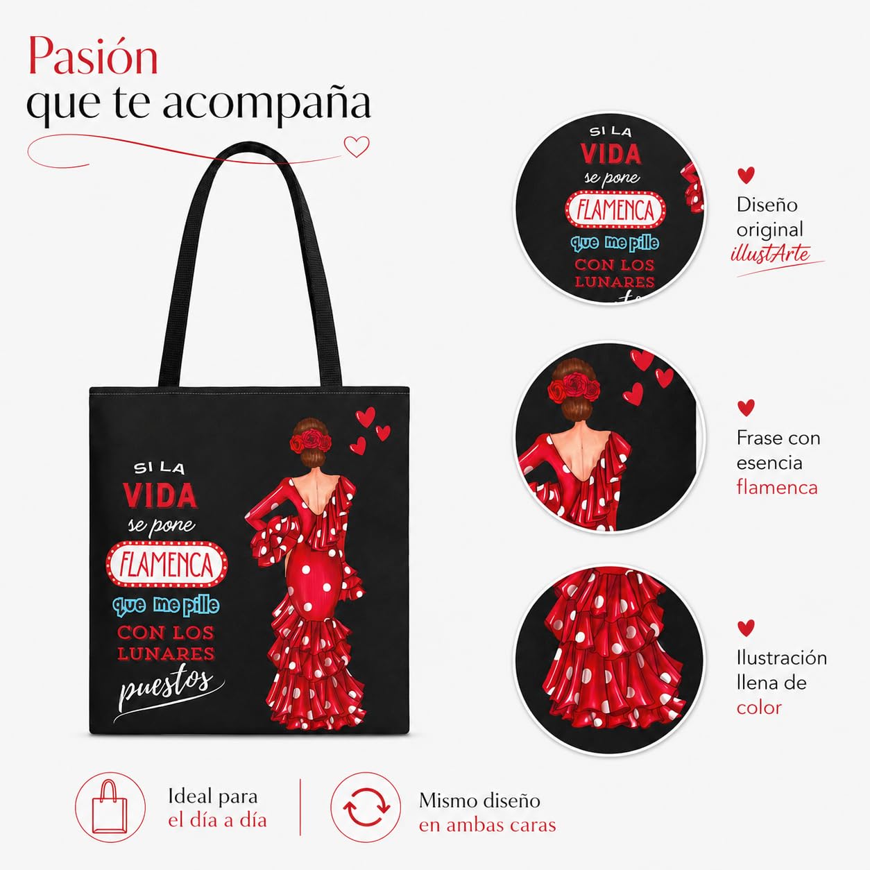 Bolso Tote Flamenco 43x43 cm – Bolsas de Tela con Diseño de Flamenca – Impresión Doble Cara – Asas 60 cm – Poliéster 400 g/m² – Colección Málaga