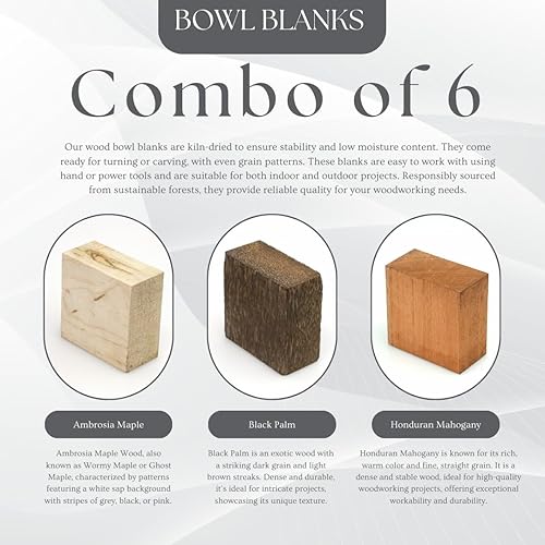 Miniatura 2 de Exotic Wood Zone Paquete de 6 cuencos en blanco nogal negro, ambrosía, palma negra, álamo, caoba, corazón morado Torno de madera en blanco 8 x 8