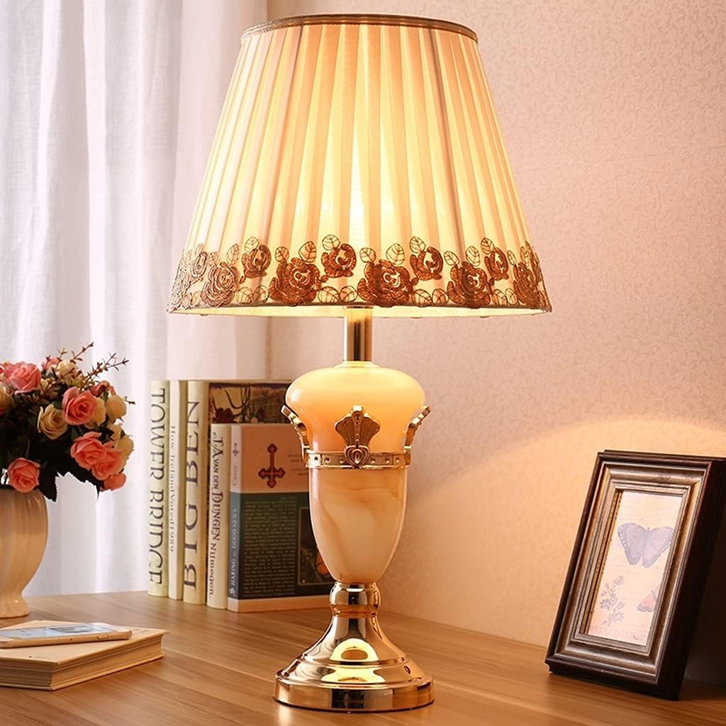 Lampada da Tavolo Lampade Luce da Comodino Romantica Giada con Paralume in Tessuto di Pizzo Comodino per Soggiorno Camera da Letto scrivania (Colore :