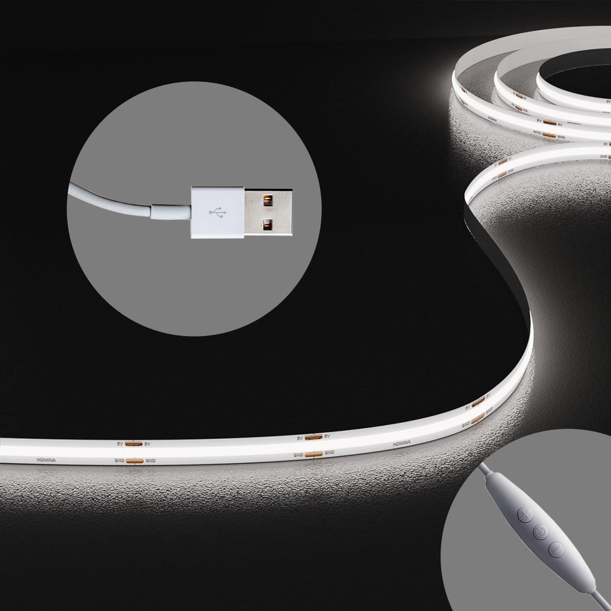 COB LED Strip Lights with 3Key Memory Dimmer, USB 2M/6.6FT Ultra Bright 6000K, 90+ CRI LED Tape Lights, Rope Lights for Bedroom, Cabinet, Kitchen TV Backlight