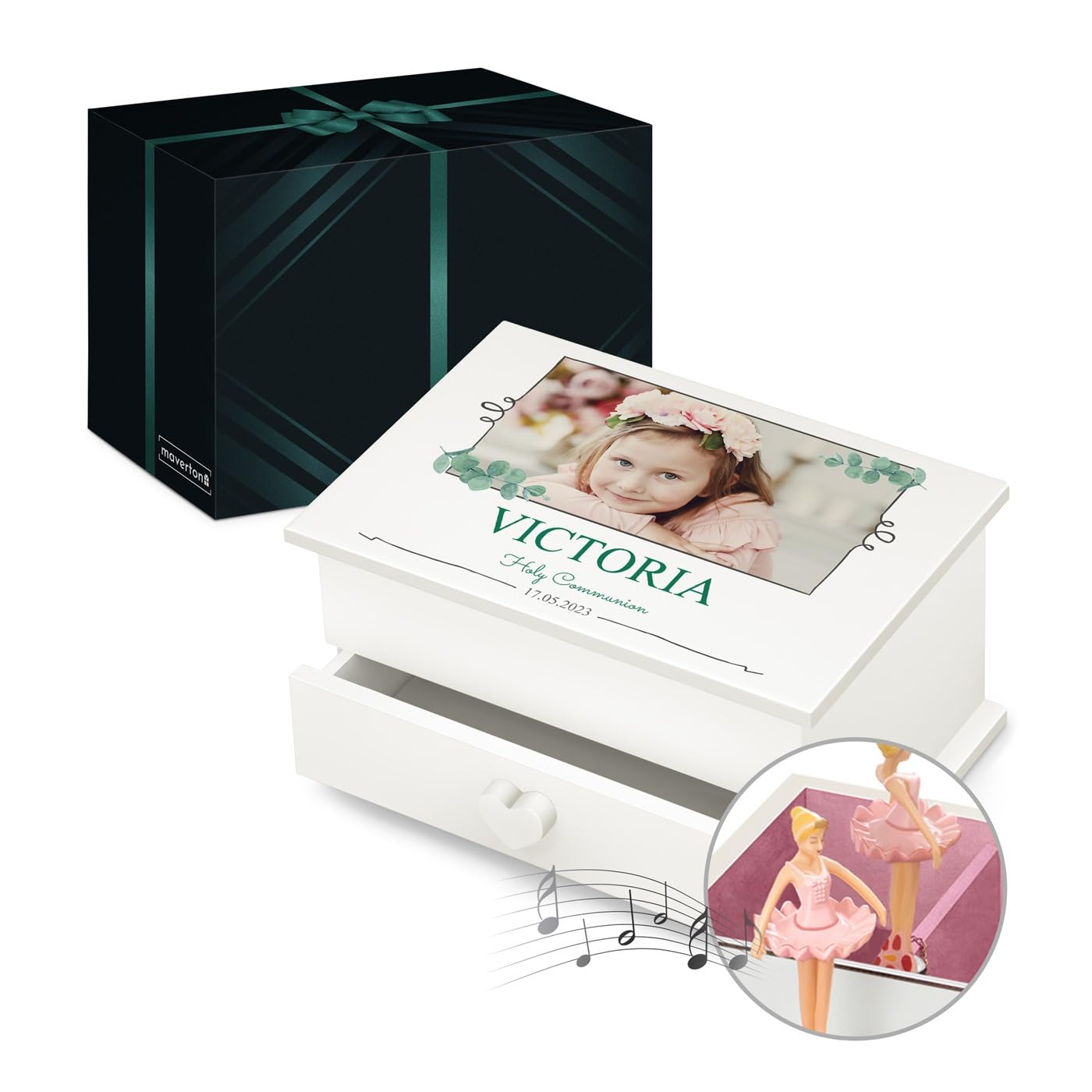 Maverton Personalised Ballerina Treasure Box - Wooden Jewellery Box With Your Photo - White Organiser For Birthday For Her - Natural