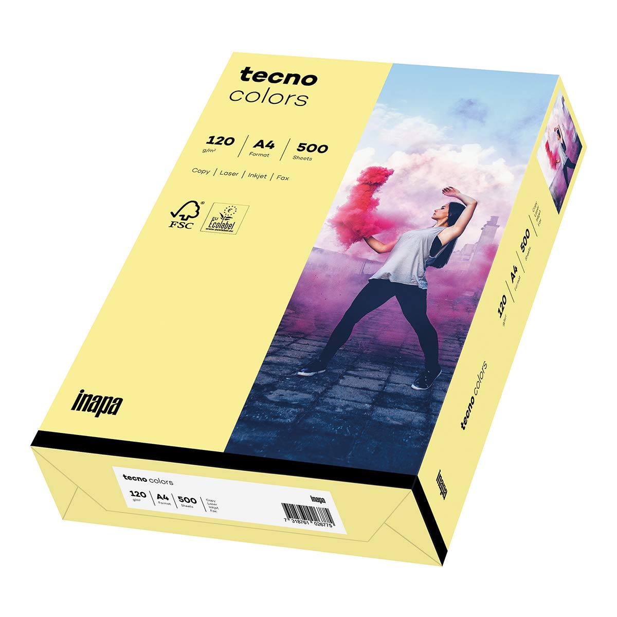 inapa farbiges Druckerpapier, buntes Papier tecno Colors: 120 g/m², A4, 1.250 Blatt (5x250), hellgelb
