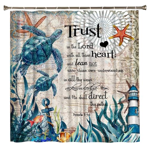 QWRSMYX Sea Turtles Shower Curtain Marine Life Inspirational Quote Vintage Nautical Beach Theme Motivational Words Fabric Funny Green Ocean Animal Bathroom Decor Set with Hooks 70Wx70H Inch - Image 3