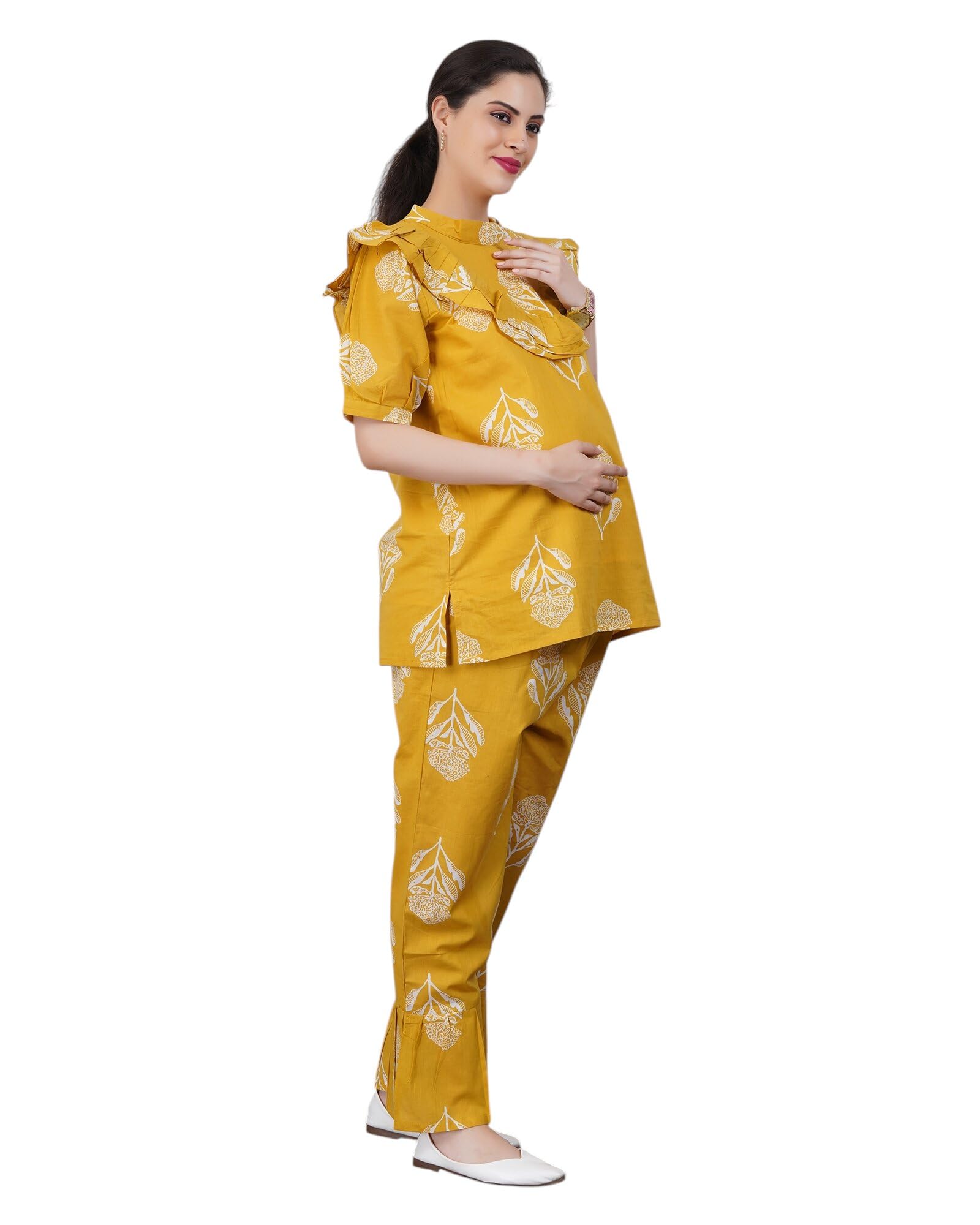 Cotton Maternity Co-Ord Set for Women | Feeding Friendly Zip Top with Ruffle Neck | Straight Pants with Pockets | Soft Breathable Nursing Wear (M–XXL) (IN, Alpha, M, Yellow)-image-42