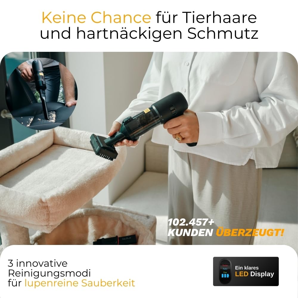 Turbotastic Pro 2 Handstaubsauger – 120W, 18.000Pa, bis 60 Min Laufzeit, HEPA-Filter, LED-Display, 4-in-1 Düsen (Auto, Tierhaare, Polster, Aufpumpen, Vakuumieren) (Nachtschwarz, Starter Set)