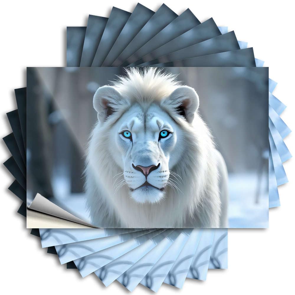 Fun Sticker - Fun Outside Window A Majestic White Lion with Striking Blue Eyes Stands in A Snowy Forest(12X18CM)