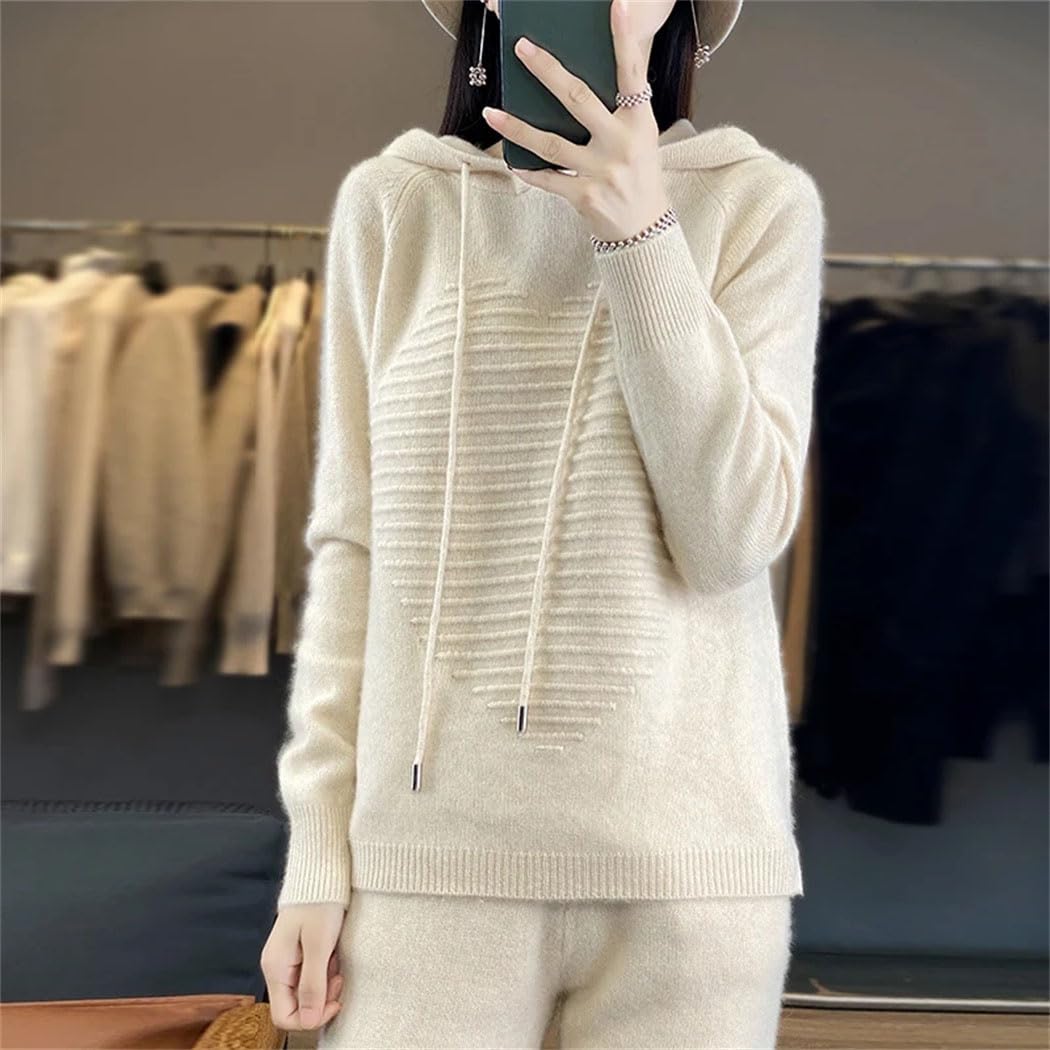 Herbst Winter Damen Anzug 100% Merinowolle Kapuzenpullover Casual Sweatpants Kleine Bein Hosen Gestrickt 2-teiliges Set