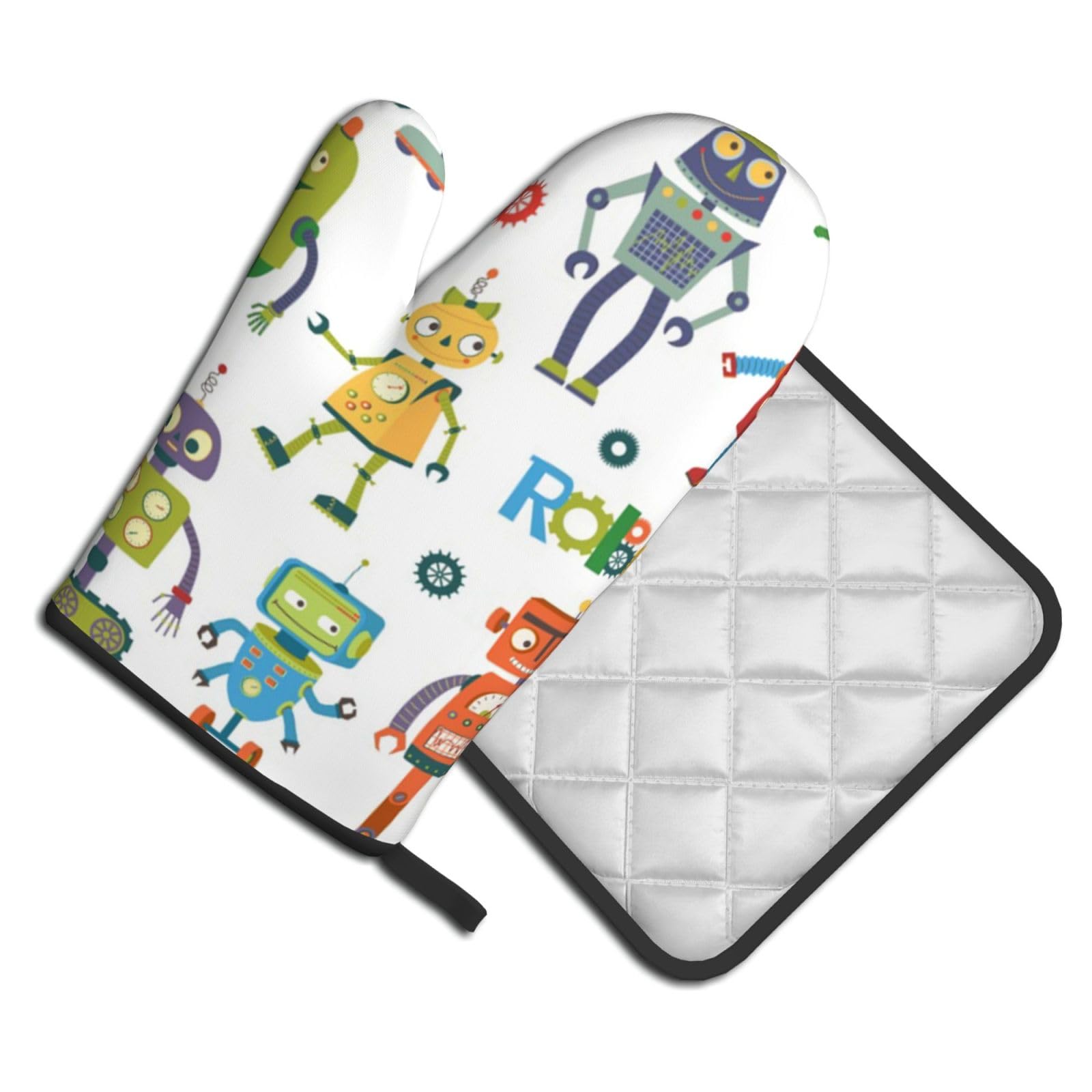 Oven Mitts and Pot Holders Set of 2 Pcs, Cute Cartoon Robots Printed Heat Resistant Kitchen Gloves Potholders for Cooking Baking Grilling