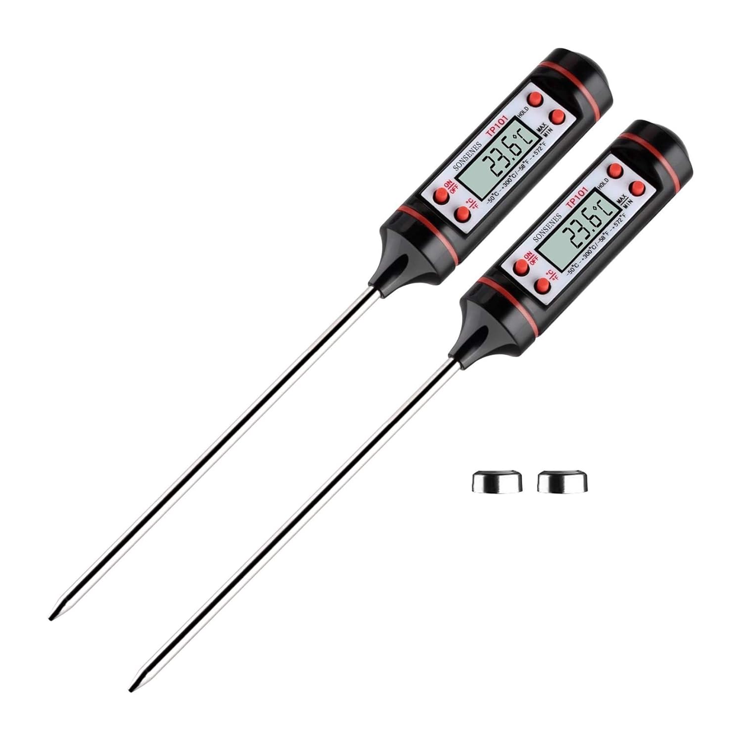 Long Probe Digital Display Food Thermometer (2Pieces, Black), TP101, 23.5cm
