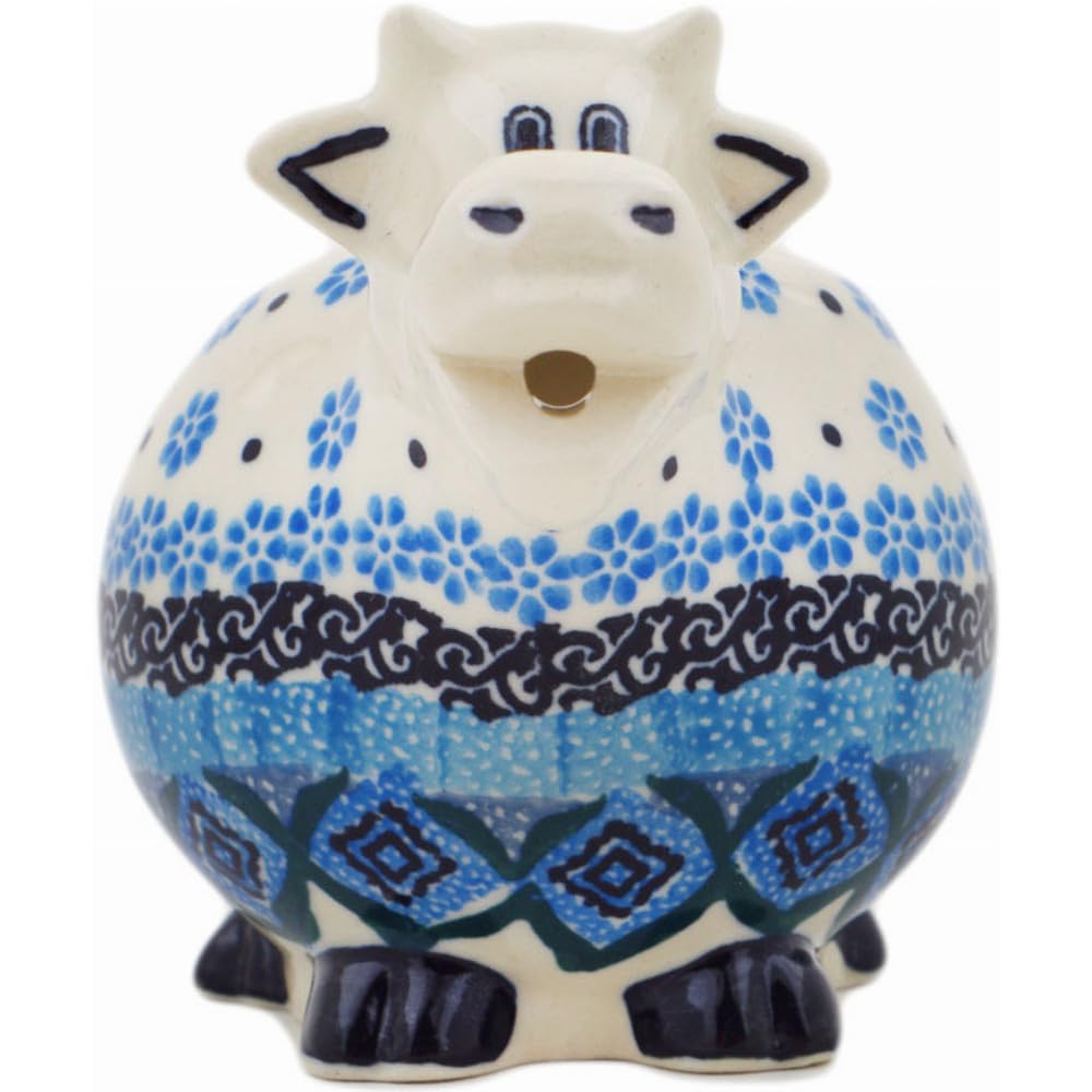 Authentic Polish Pottery Cow Shaped Creamer Signature UNIKAT in Sparkling Sea Design Handmade in Boles?awiec Poland by Ceramika Artystyczna + Certificate of Authenticity