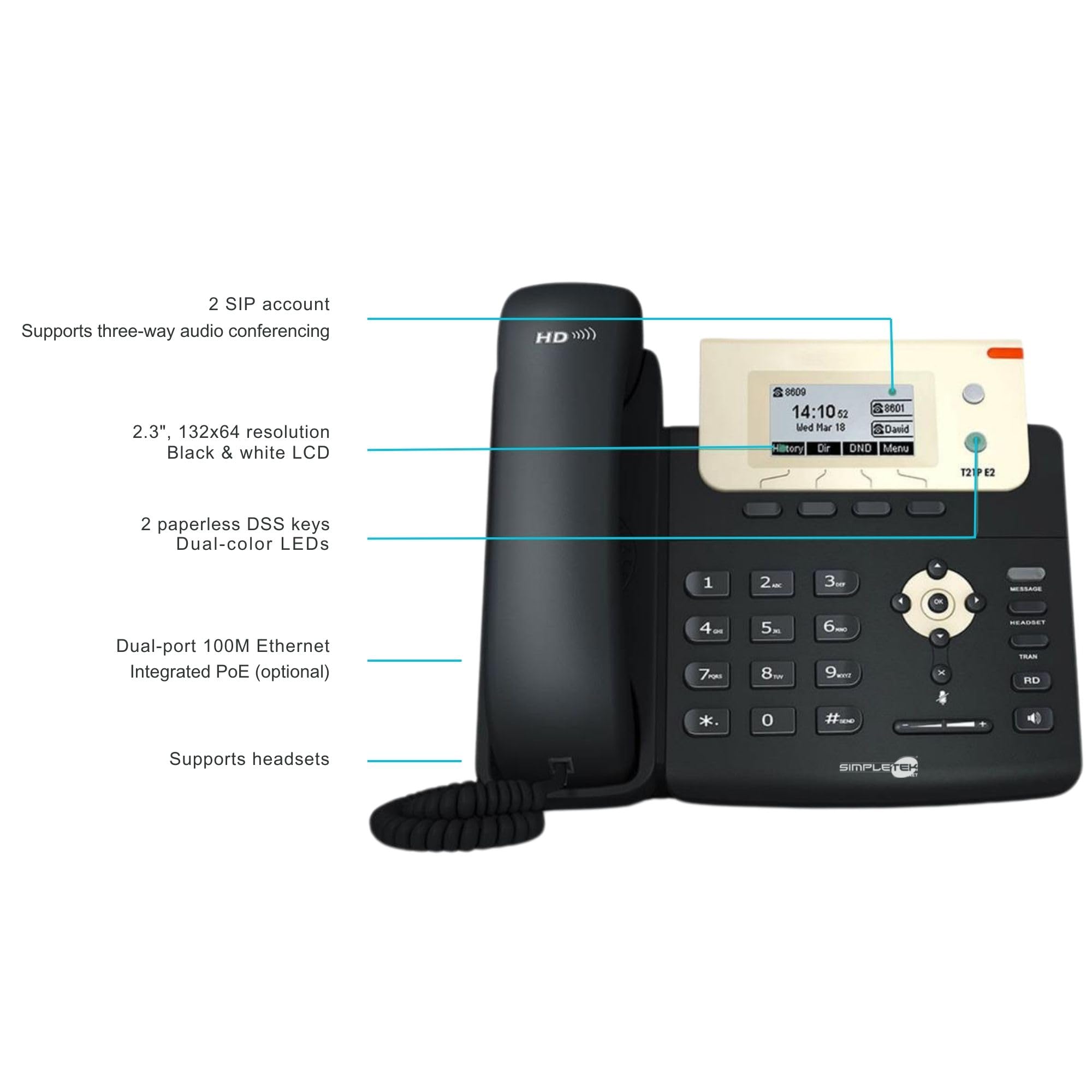 SIMPLETEK - Profesjonalny telefon IP PoE | 2 x konto SIP | HD Audio | podświetlany wyświetlacz | zasilacz w zestawie (odnowiony)