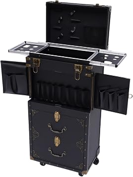 Rolling Lockable Makeup Train Case, Black Rolling Makeup Case, 4-Tiers Large Trolley Storage Case Lockable, Aluminum Trolley Professional Cosmetic Organizer Box, with Hair Dryer Holder
