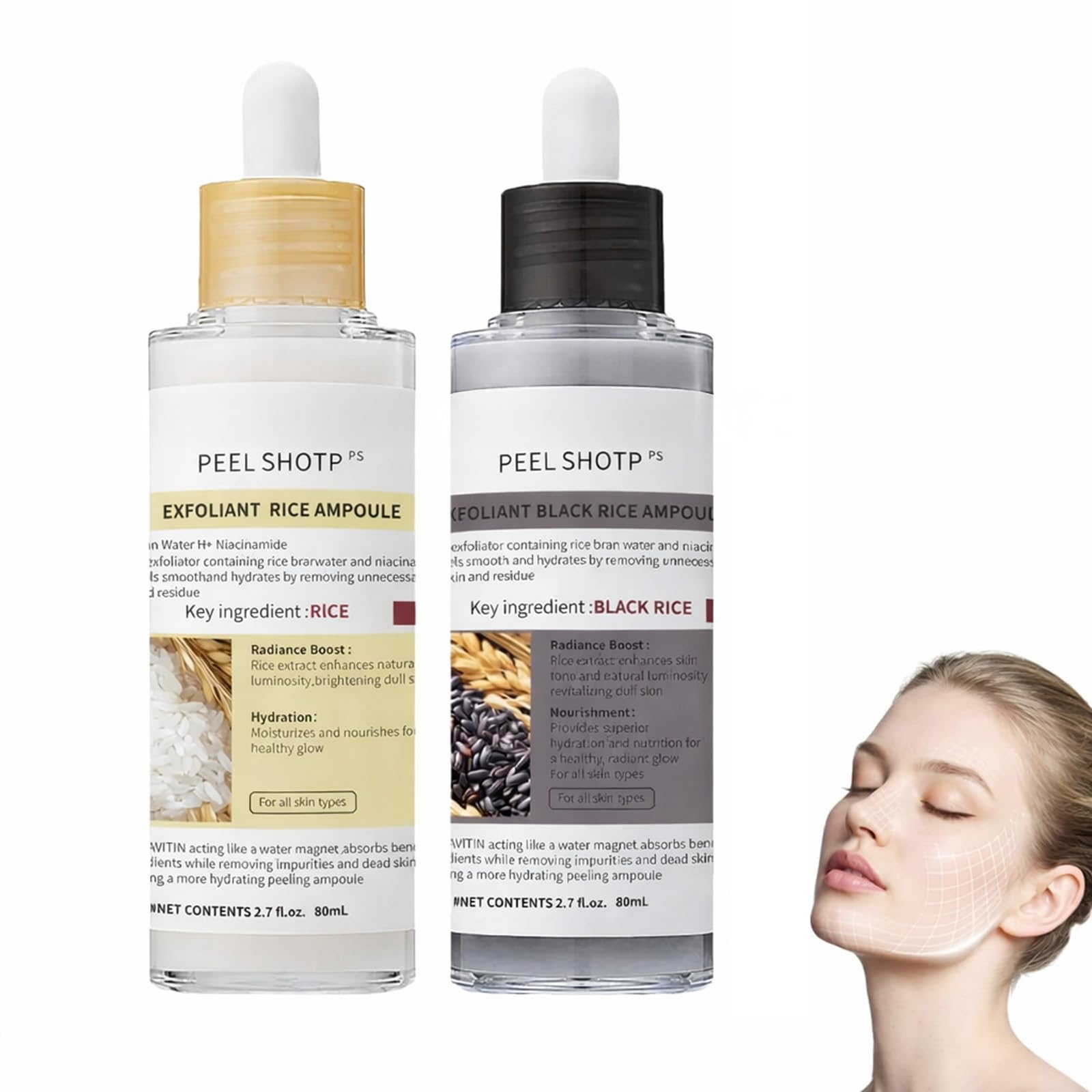 Lumeva Peel Shot Exfoliant Visage Coréen - Sérum Exfoliant Riz Noir & Blanc, Nettoyage Profond des Pores et Points Noirs, Texture Douce, Éclat Immédiat - 80 ml, 2 flacons
