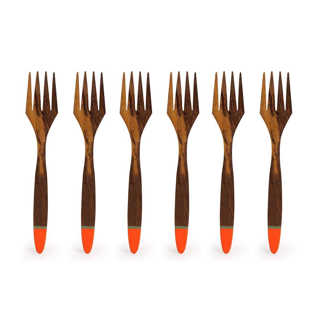 ExclusiveLane 'Tangerine Must-Haves' Handpainted Sheesham Wood Table Forks (Set of 6) - Wooden Fork Set for Dining Forks for Dinner Forks Fruit Forks Flatware Cutlery Set for Dining Table Accessories - Image 2 thumbnail